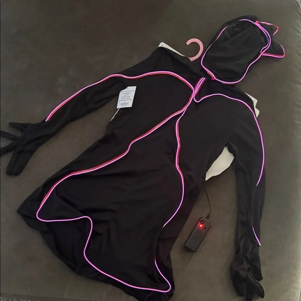 Girls Light Up Stick Figure Black Hooded Dress Pink Halloween S 6/6X NEW